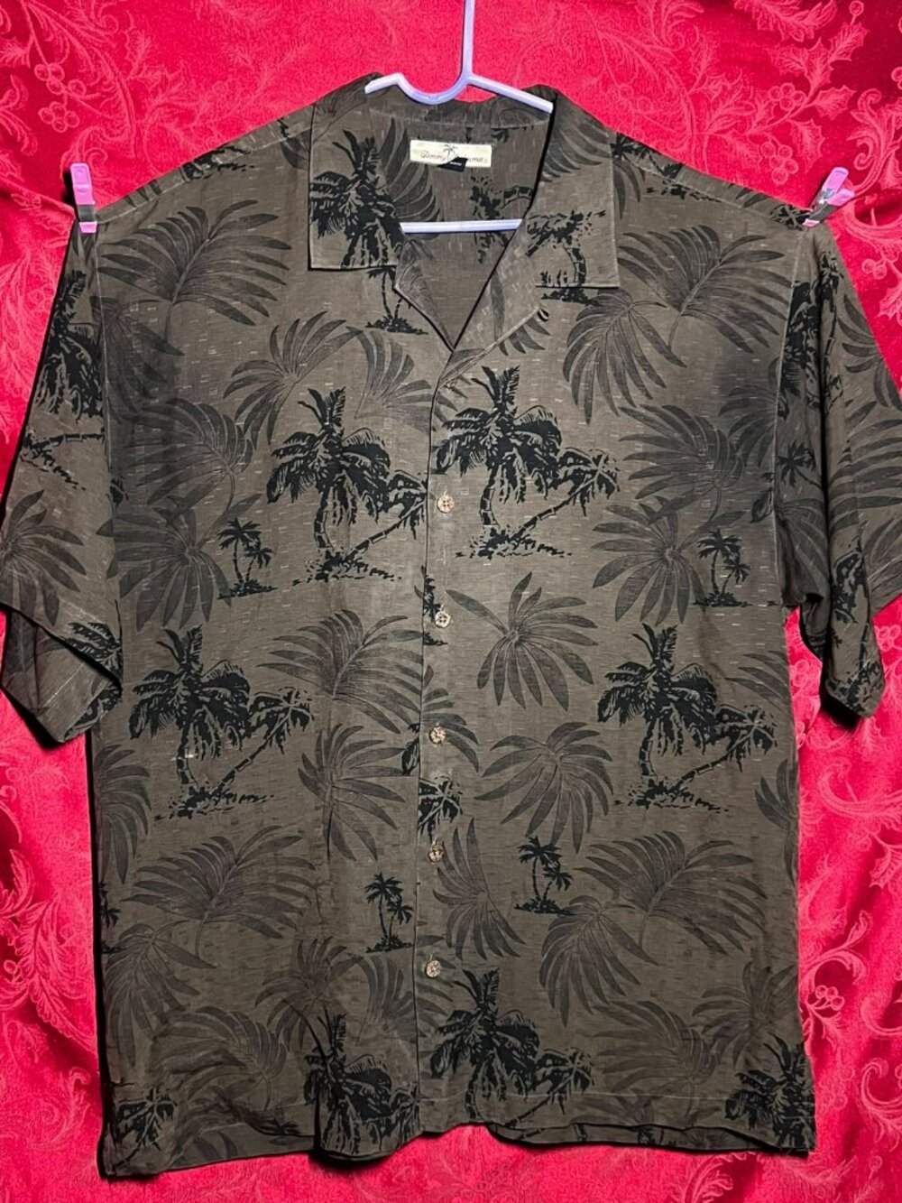 Tommy Bahama 100% Silk Olive Green Floral Hawaiian Short Sleeve Shirt Size XL